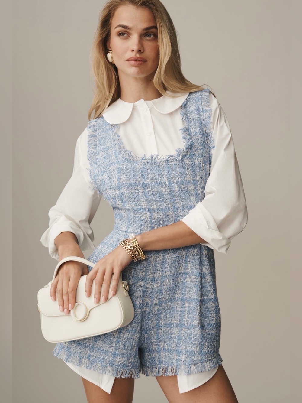 Anthropologie Blue Tweed Frayed Romper